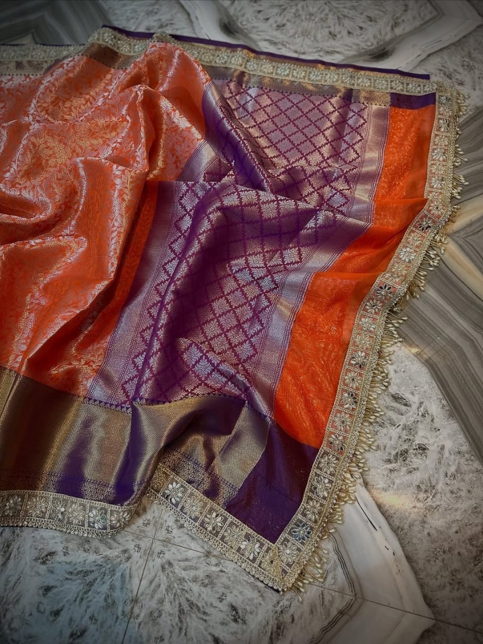 Indian Designer Tissue Silk Saree Banarasi Zari Weaving Fancy Lace Border Sari