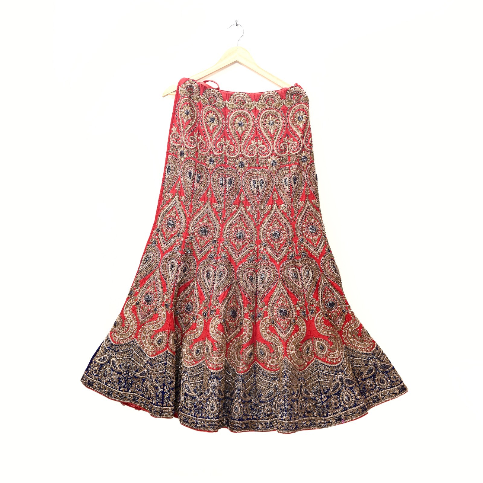 Indian Vintage Heavy Red Pure chanderi Silk Hand Embroidered skirt/lehenga dabka