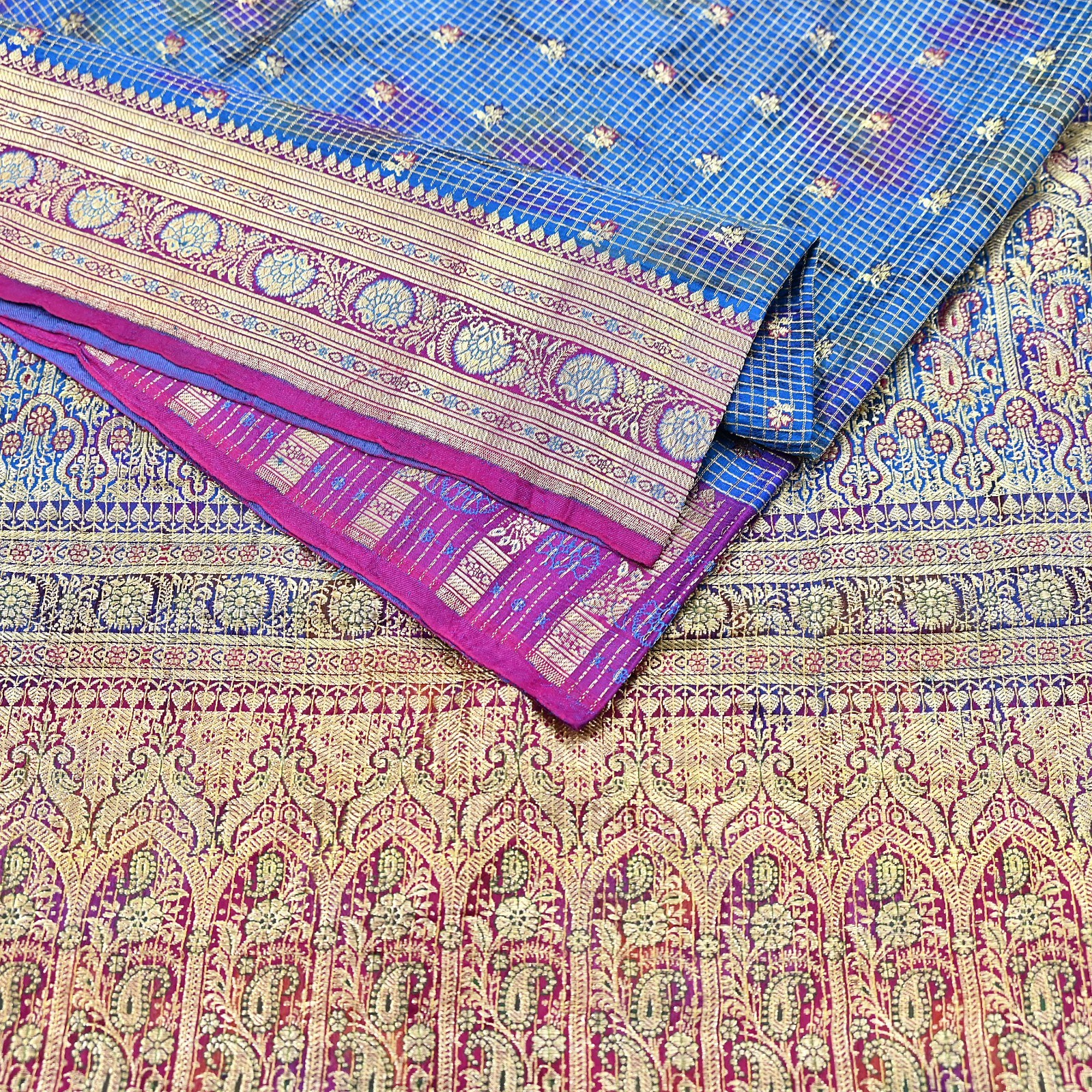 Indian Vintage Blue Heavy Sari Pure Satin Silk Woven Banarasi Tanchoi Saree 5yd