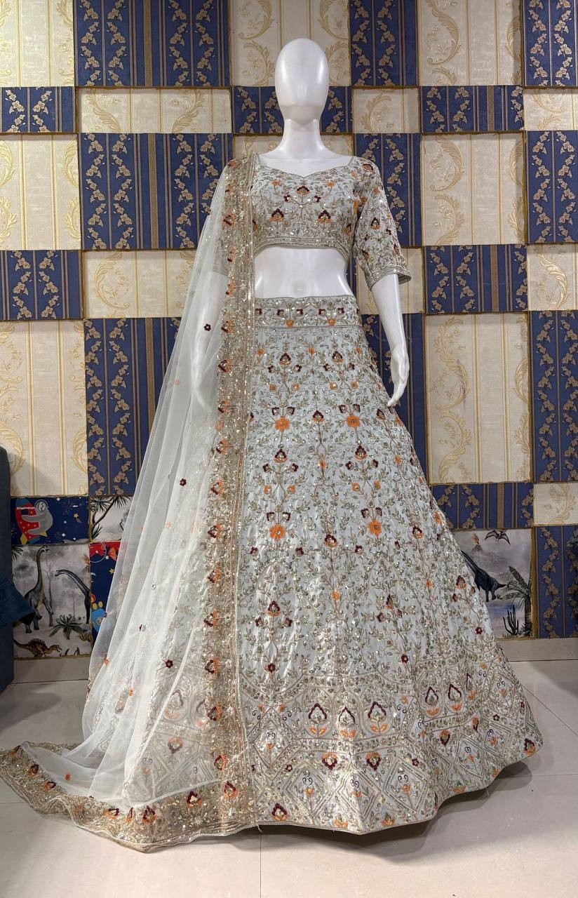 Luxury Satin Silk Lehenga Choli 4m Flare Sequins Work Can-Can Set