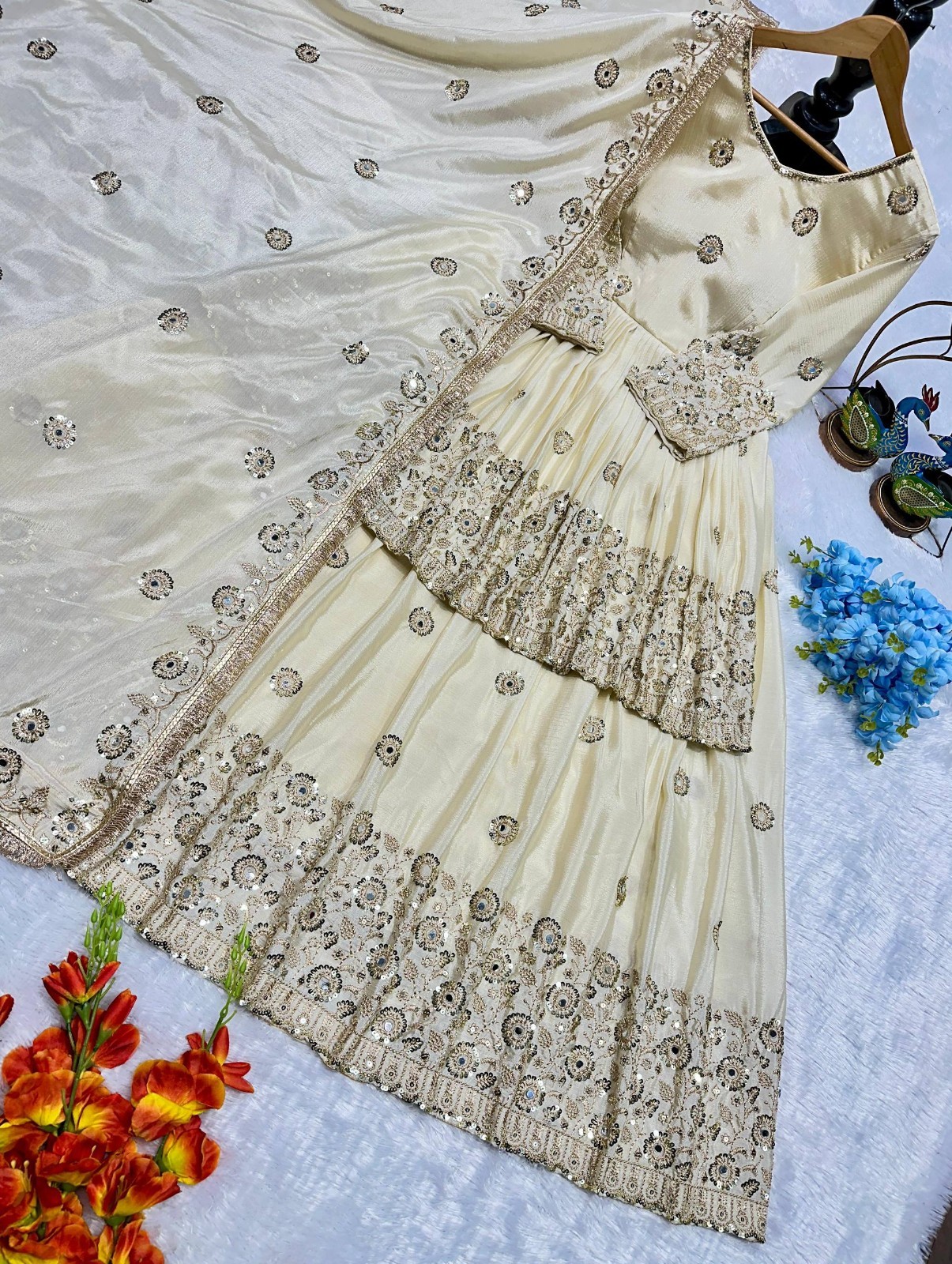 Beautiful Heavy Chinon Silk Cream Top Lehenga With Dupatta For Wedding Wear