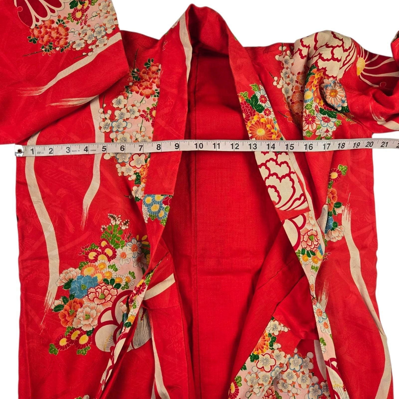 Vintage Kimono Handmade Red Printed Cotton Lined Asian Floral