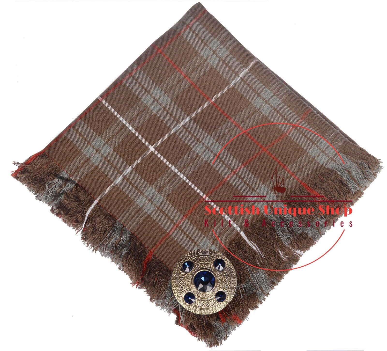 Fraser Weathered tartan kilt fly plaid size (48X48) & Celtic 5 stone Brooch