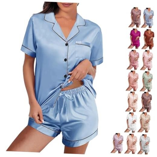 Womens Silk Satin Pajamas Loungewear Two-Piece Sleepwear X-Small Azure-b