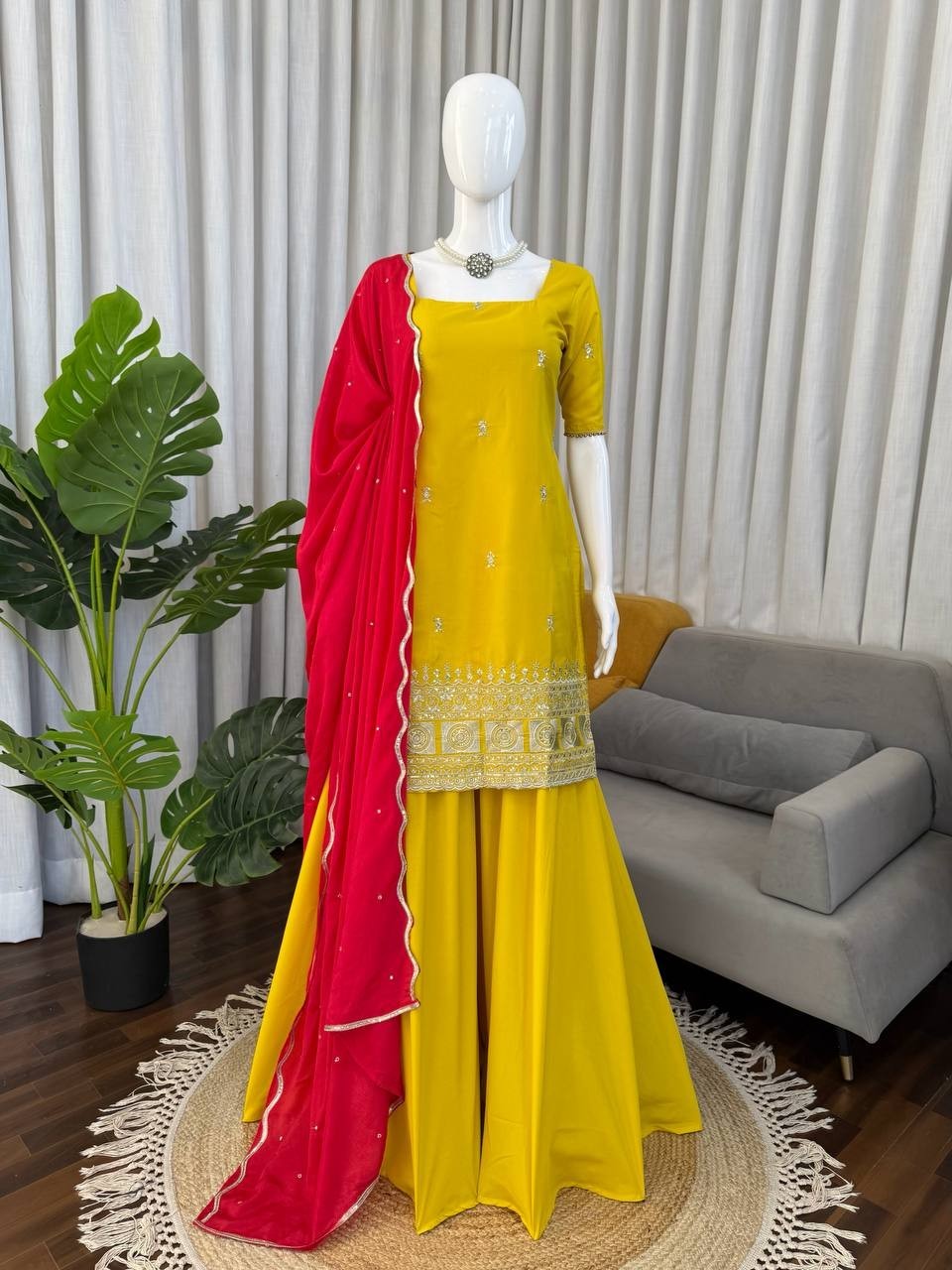 Party Wear Natural Crep Silk Yellow Top Palazzo With Dupatta For Women & Girls