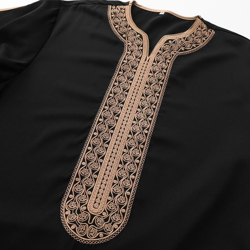 Men Moroccan Mid sleeves Muslim Clothing Embroidery Robe Thobe Arab Long Shirt