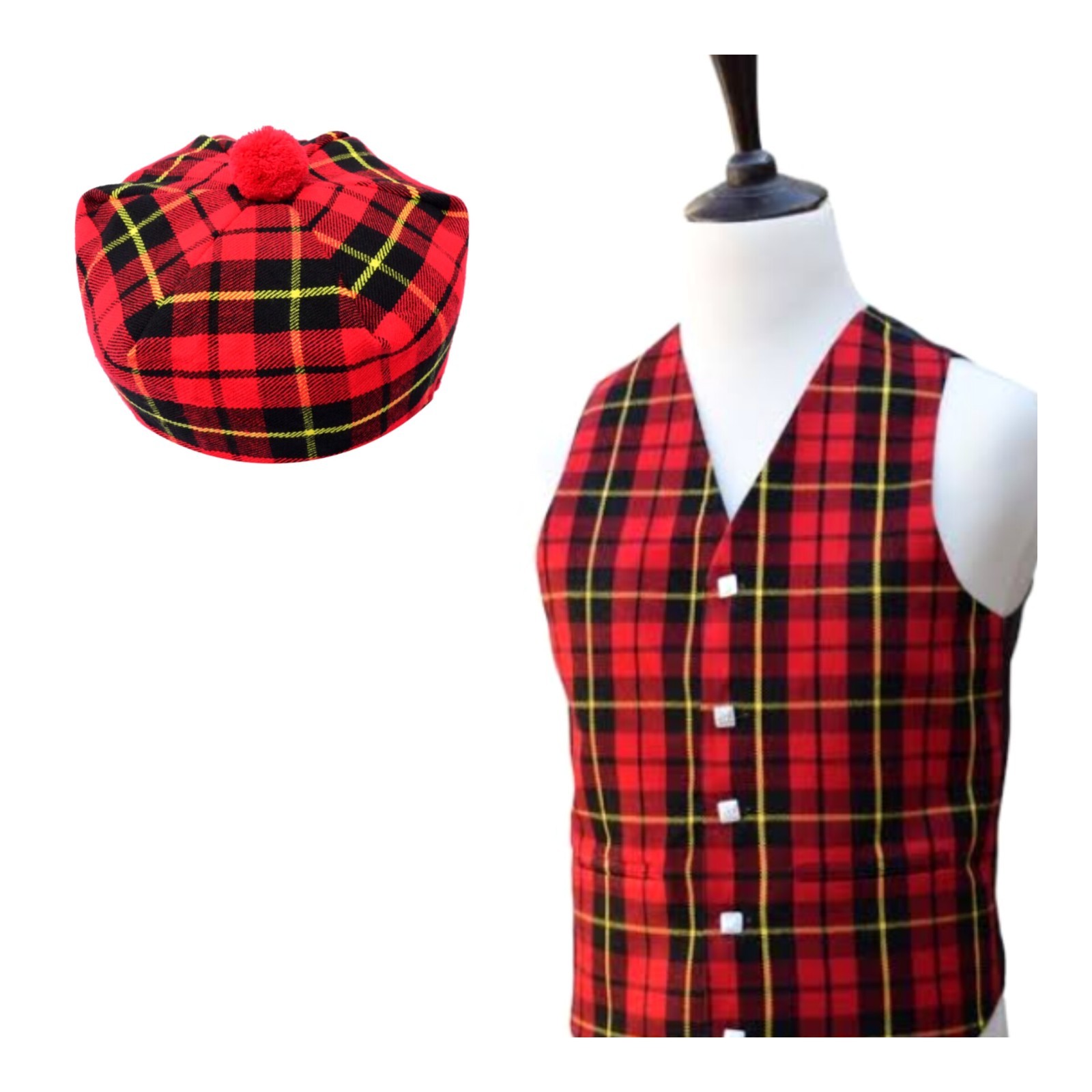 Scottish Wallace Tartan Waistcoat 5 Button Kilt Vest With Tam O Shanter Hat