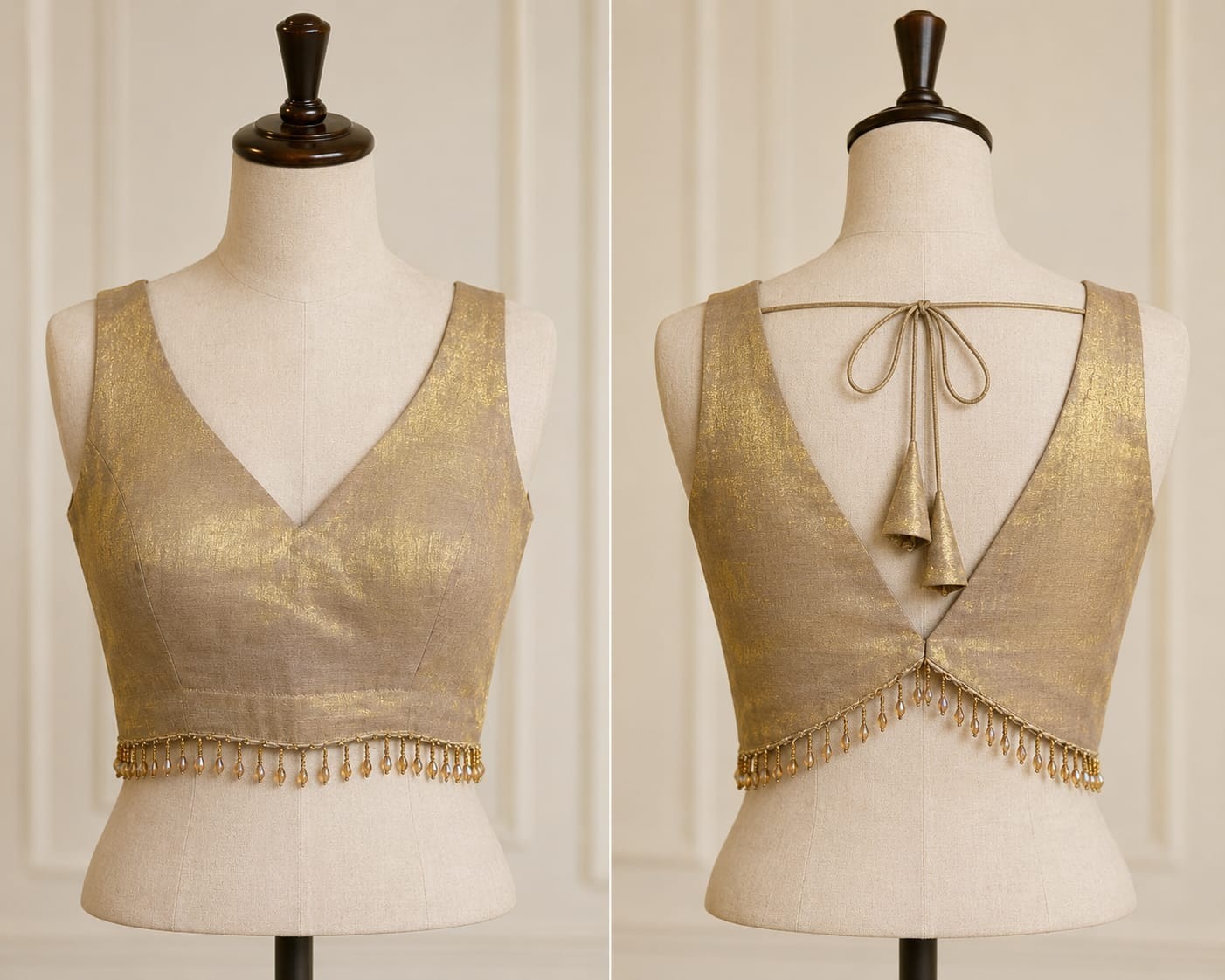 Gold shimmer V-neck blouse with deep V-back, tassel hem, partywear blouse choli