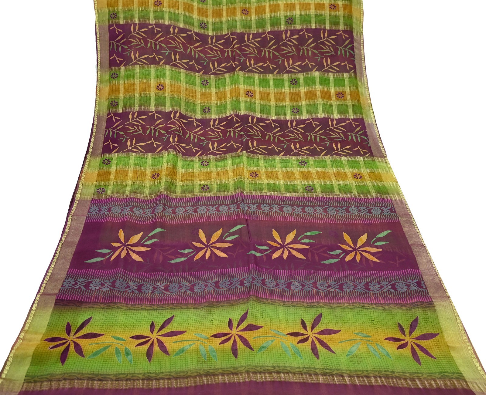 Vintage Sari Maroon & Green Pure Georgette Silk Printed Saree Craft Fabric Zari