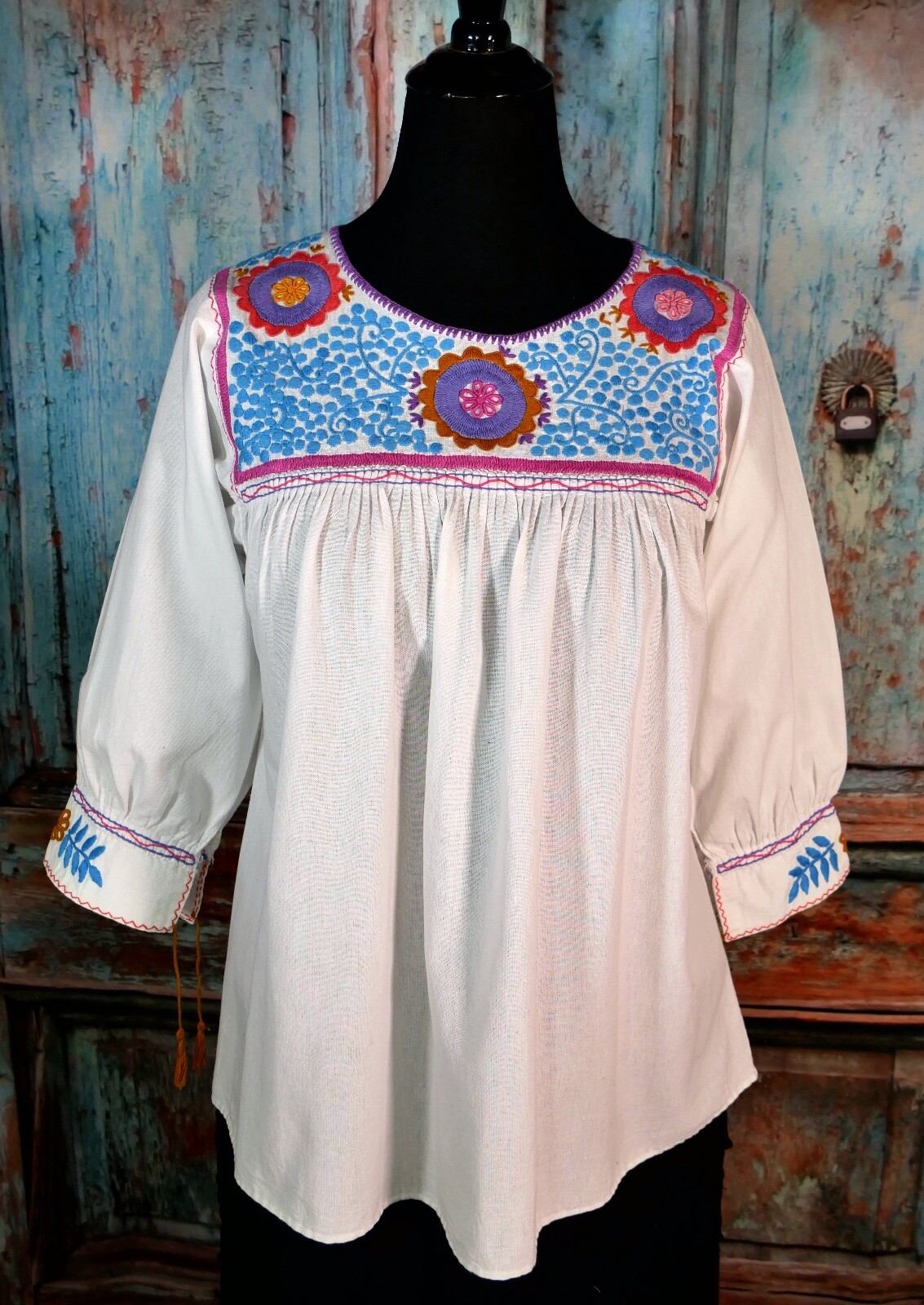 Peasant Blouse Hand Embroidered Flowers White Cotton Fabric Mayan Chiapas Mexico