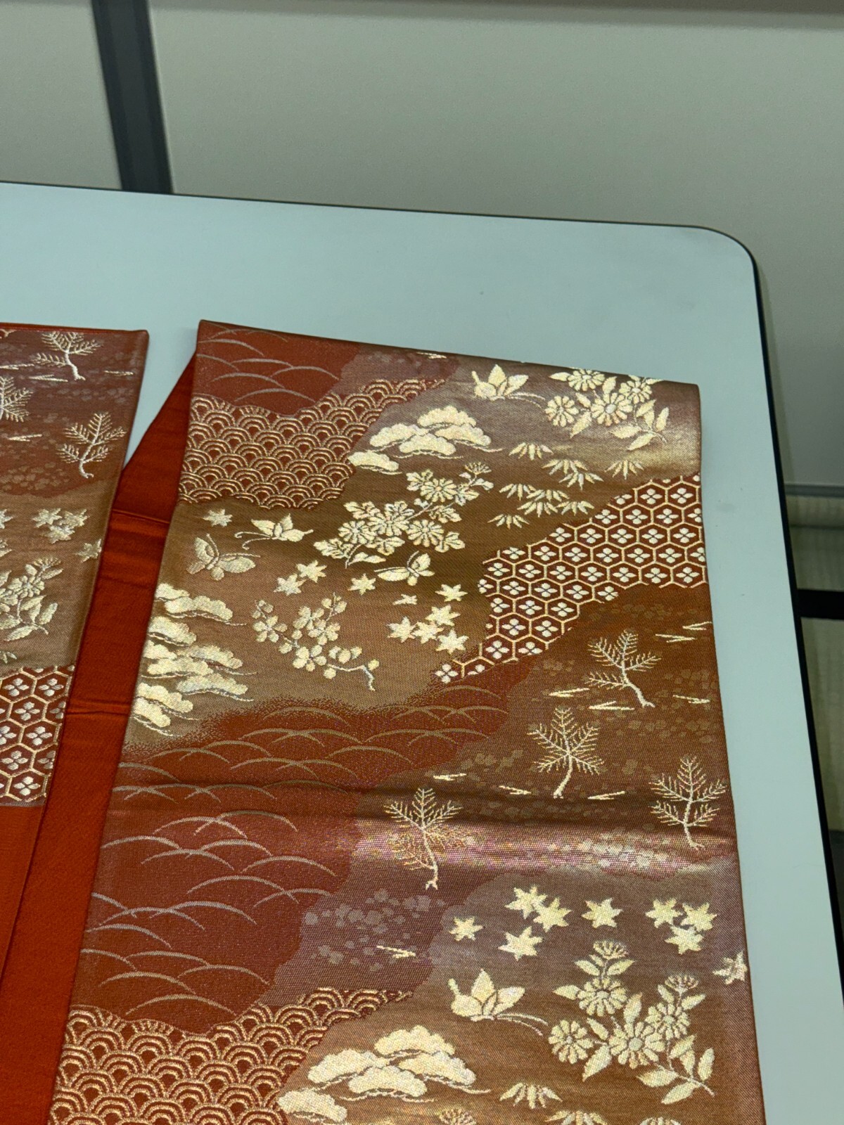Japanese Vintage Kimono Fukuro Obi silk brown expensive embroidery 167.7×12.2in