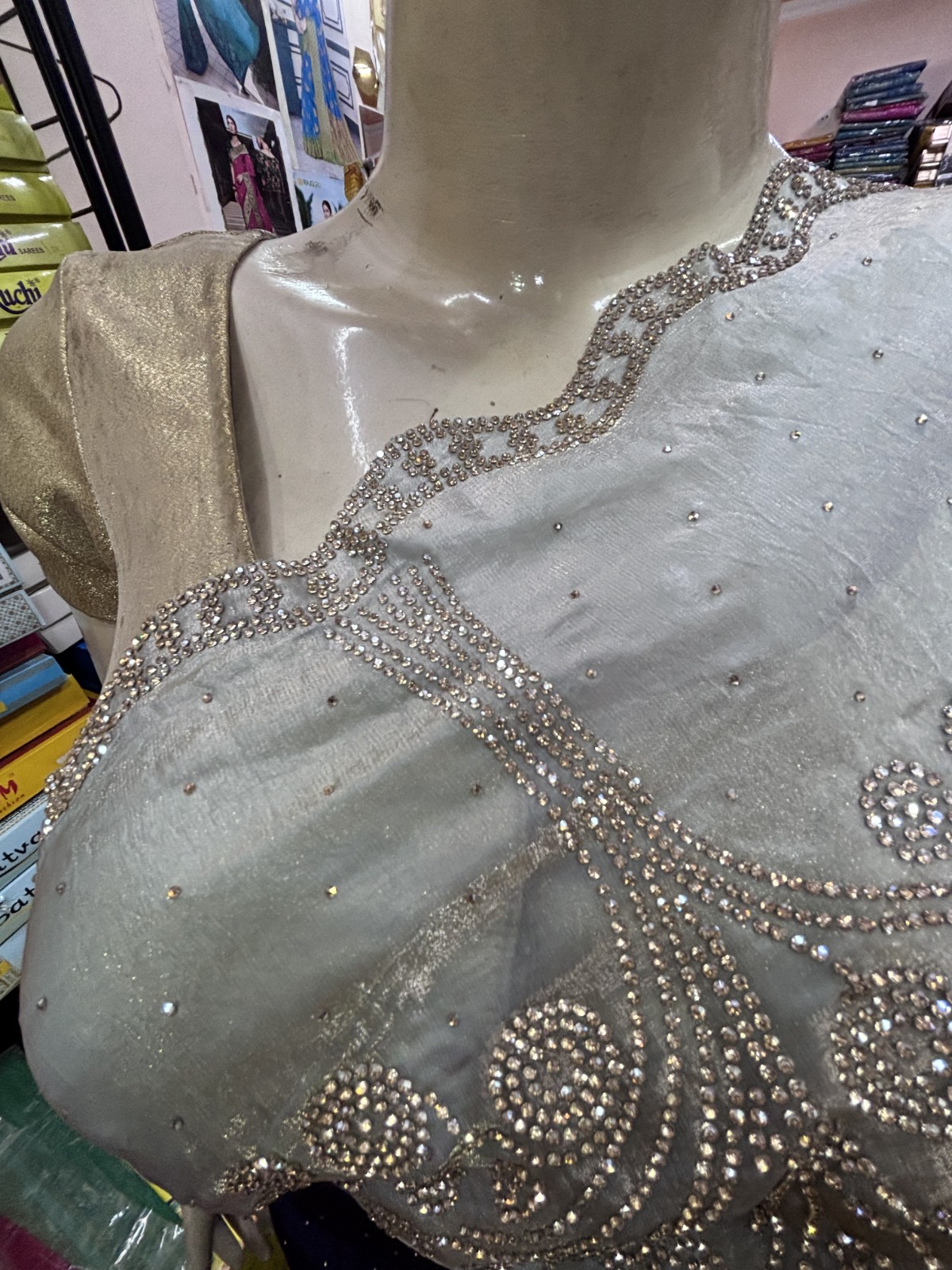 Glossy Satin Fendi Sworski diamond Work Saree