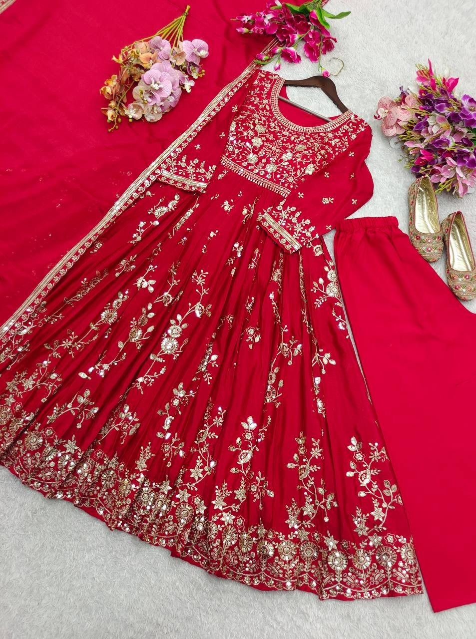 Party Wear Red Faux Georgette Anarkali Suit With Dupatta For Women & Girls