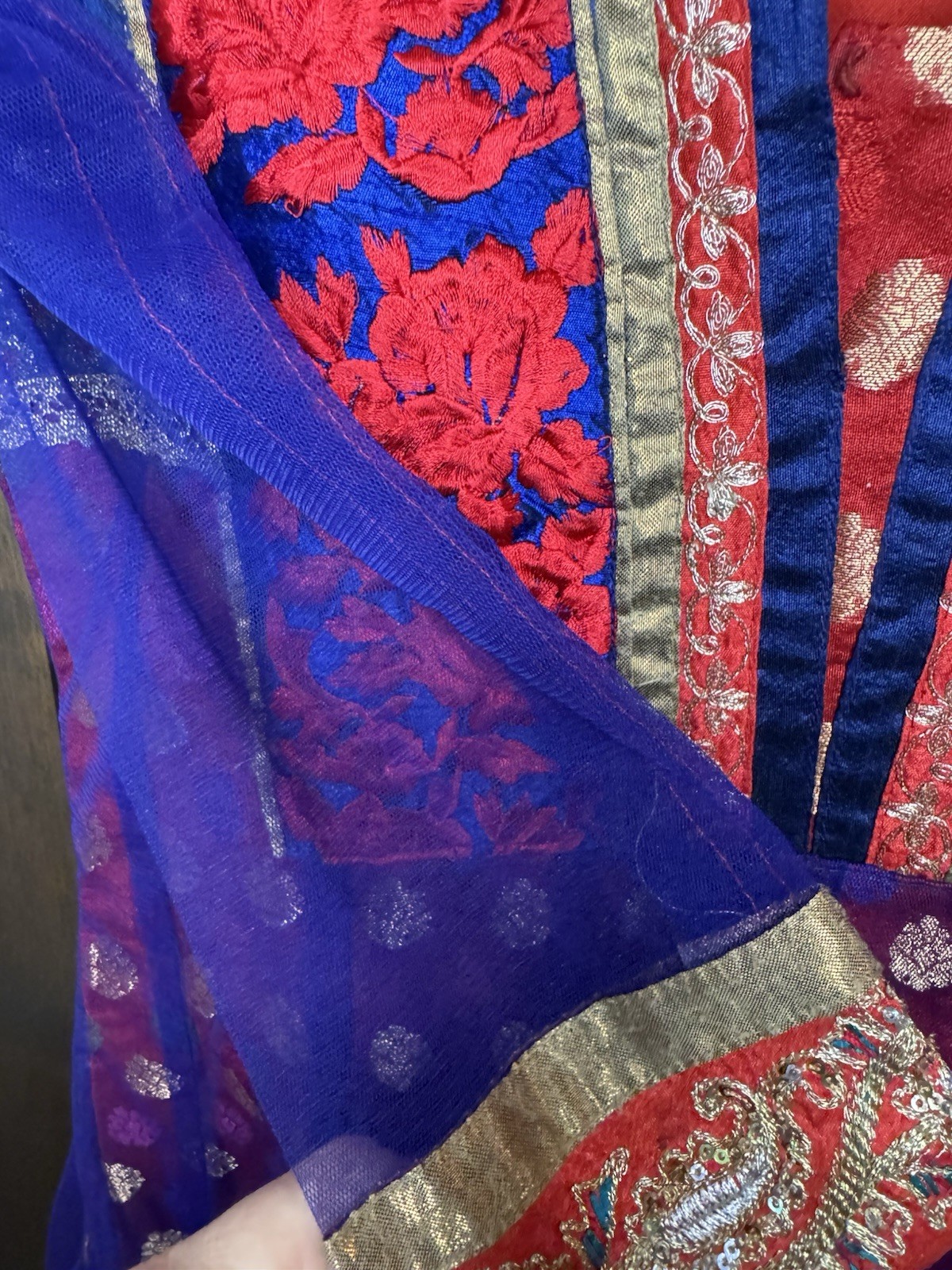 Handmade Royal Blue Red Anarkali Kurti Dress Sheer Sleeves Brocade Small 41″
