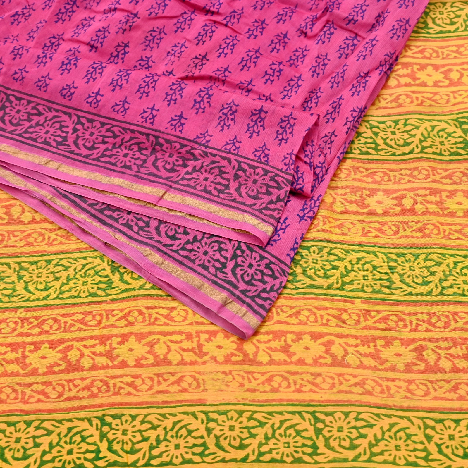 Indian Vintage Sari Pink Block Printed Sari Pure chanderi Silk Saree Fabric 5Yd