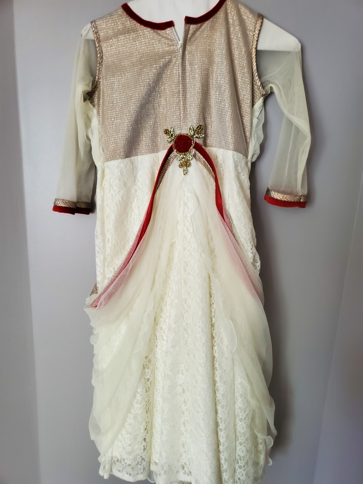 Indo-Western Gown Dress | White & Red Floral Embroidery | Party Wear Bollywood