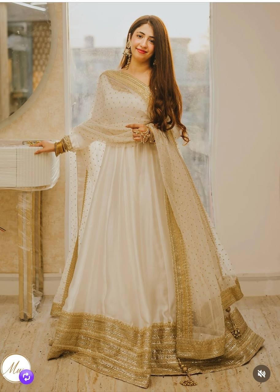 Stunning White Chinon Silk Gown Bottom With Dupatta For Functional Wear