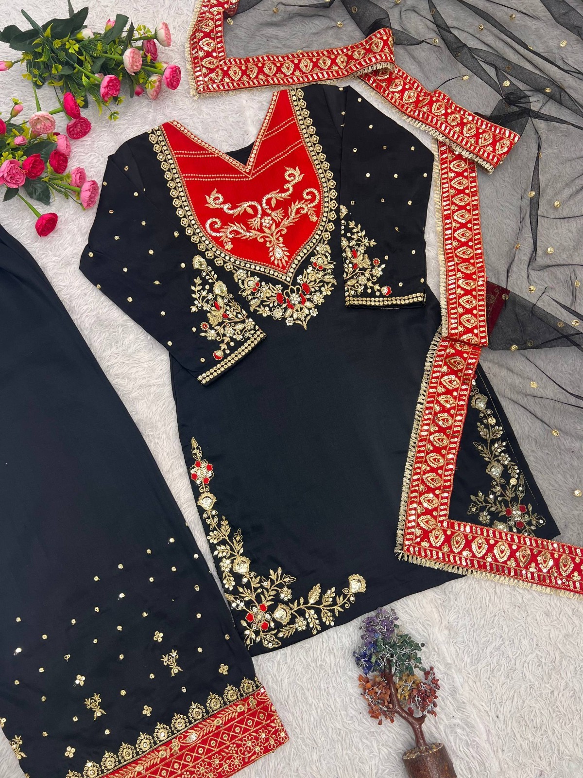 New Collection Black Maska Cotton Kurta Palazzo With Net Dupatta For Women