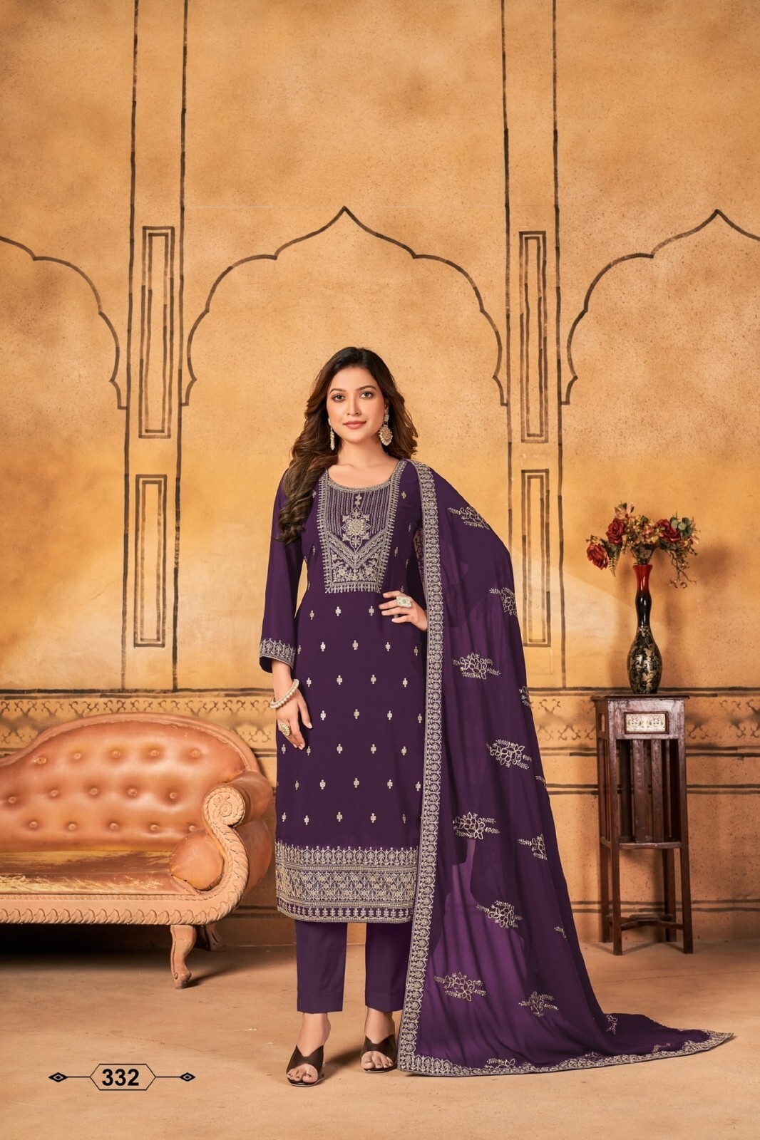 Purple Color Stitched Shalwar Kameez Straight Suit Occasion Wear Trouser Dress