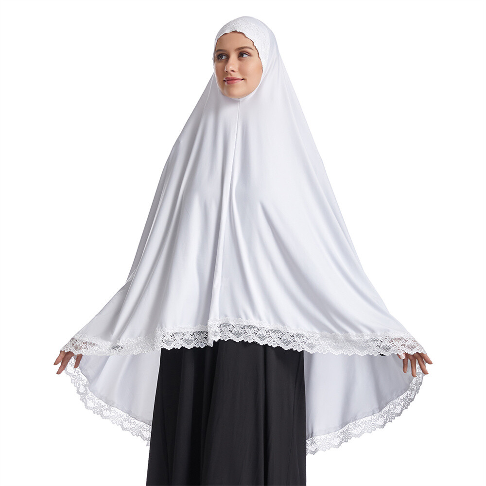 Muslim Women Ramadan Scarf Hijab Islam Prayer Turban Amair Lace Trim Headcover