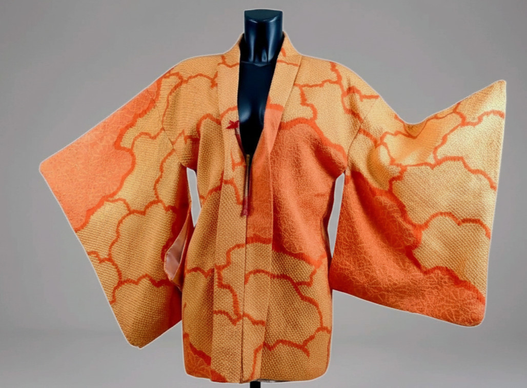 Vintage Original Japanese KIMONOJacket Pure Silk Embossed Orange/Pale Orange S-M