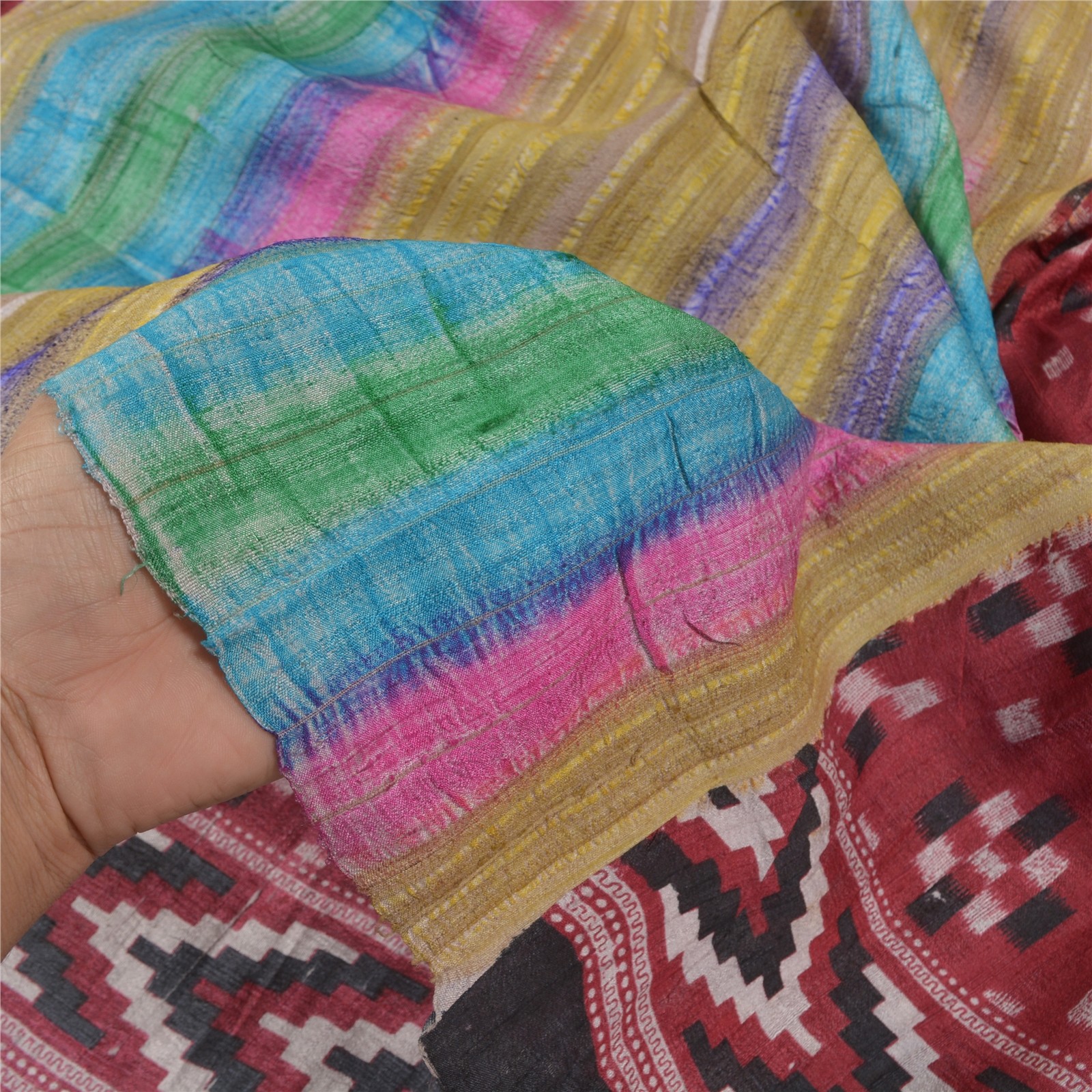 Sanskriti Vintage Indian Sarees Pure Tussar Silk Woven Ikat Sarees 5 Yard Fabric