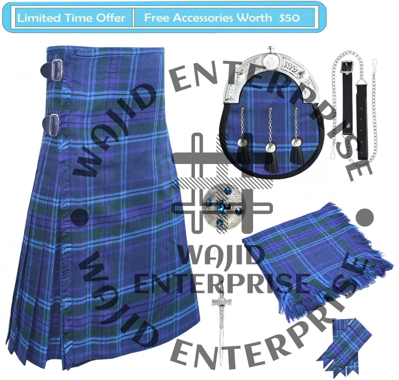 Spirit of Scotland Tartan 8 Yard kilt – Highland Men’s 6 PCS KILT Outfit Deal