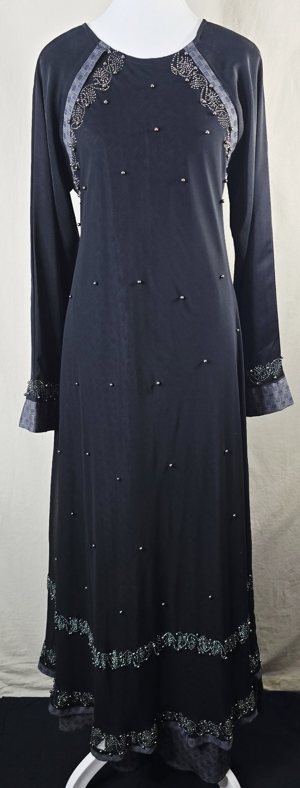 Black Abaya Kaftan Maxi Dress Size 58 Long Sleeve Rhinestone Beaded Trim Modest