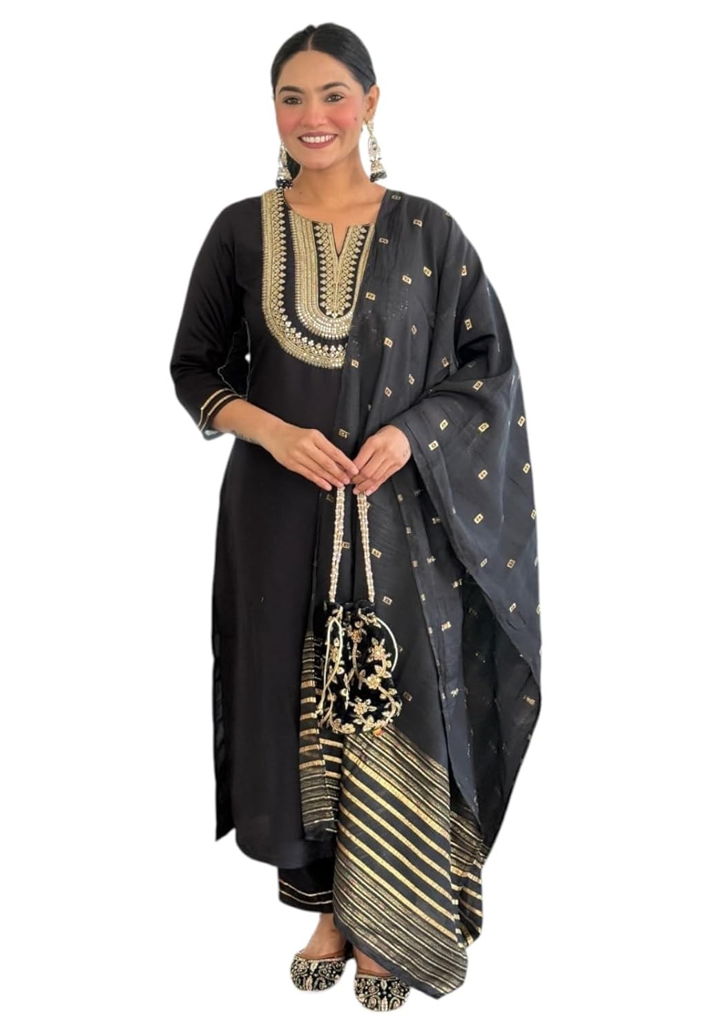 Women’s Black Embroidered Cotton Slub Fabric Straight Kurta, Pant and Dupatta
