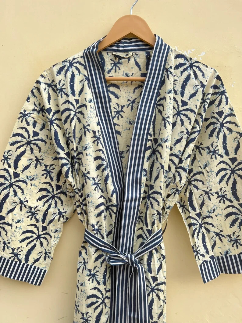 Indian Cotton Kimono Robe Blockprint Printed Beach Wear Night Long Dress Stylish