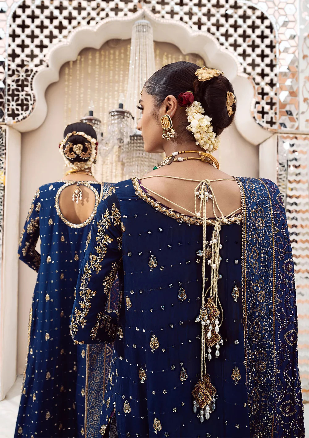 dark blue color hand embroidered wedding bridal long dress