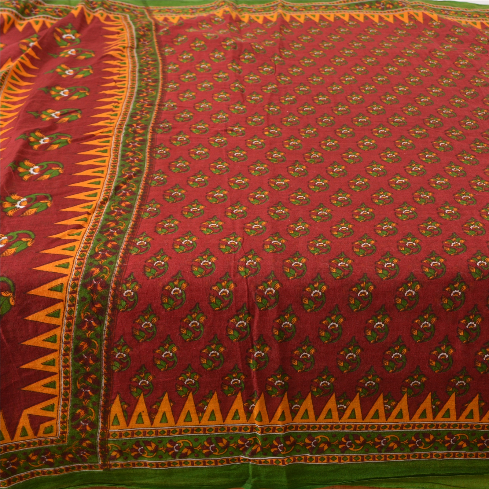Sanskriti Vintage Sarees Dark Red 100% Pure Cotton Printed Sari 5Yd Craft Fabric