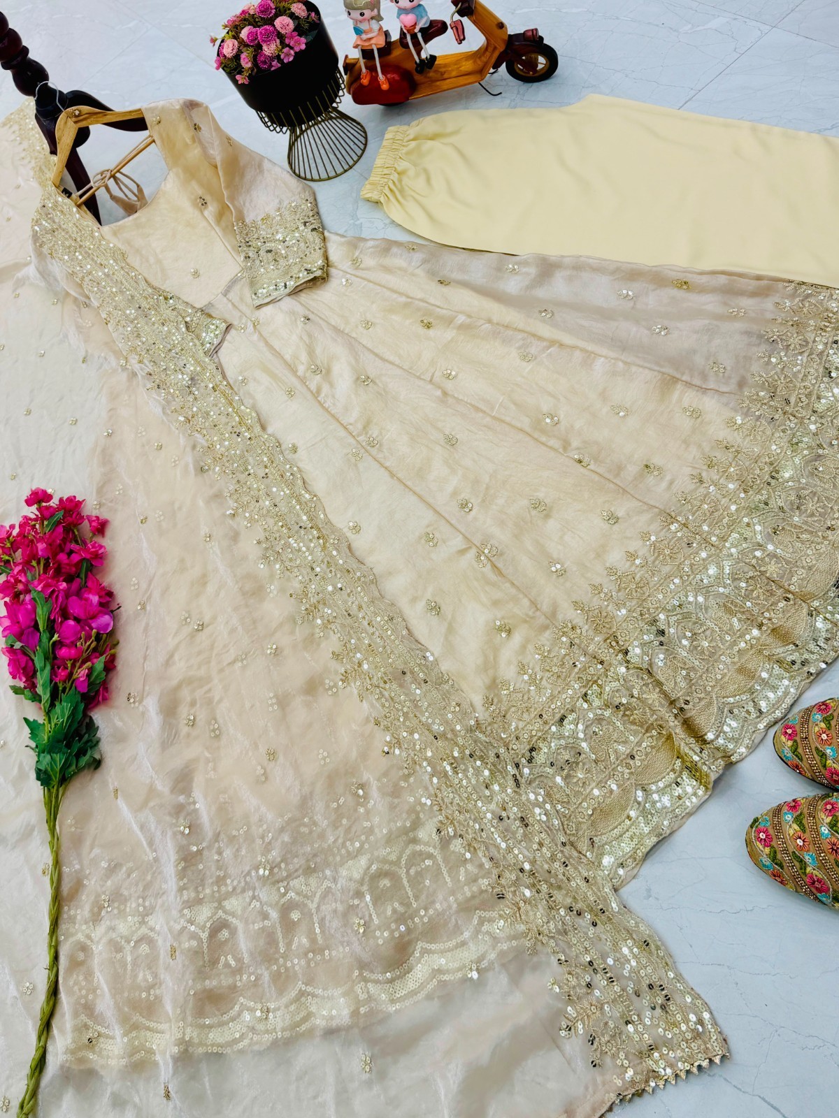 Cream Fendy Silk Embroidered Ready Made Anarkali Suit Festive Ethnic Wear Set L