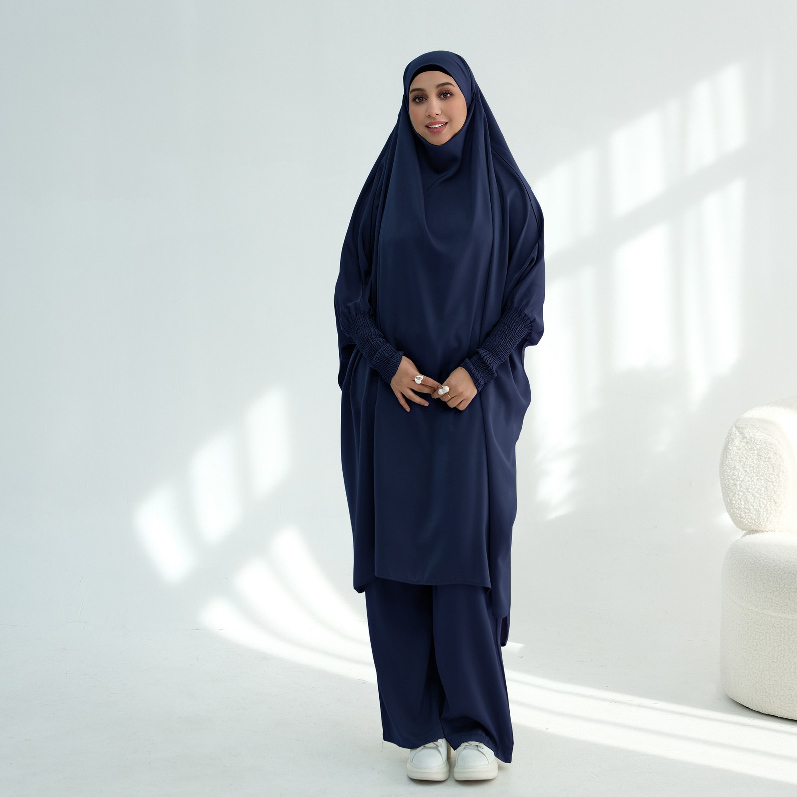 2Pcs Sets Abaya Women Prayer Robe Muslim Blouse Top Long Pants Large Headscarf