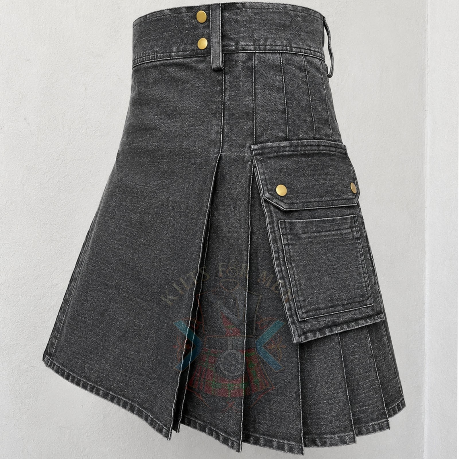 Grey Black Denim Utility Kilt for Men Cargo Pockets Modern Custom Made Kilt