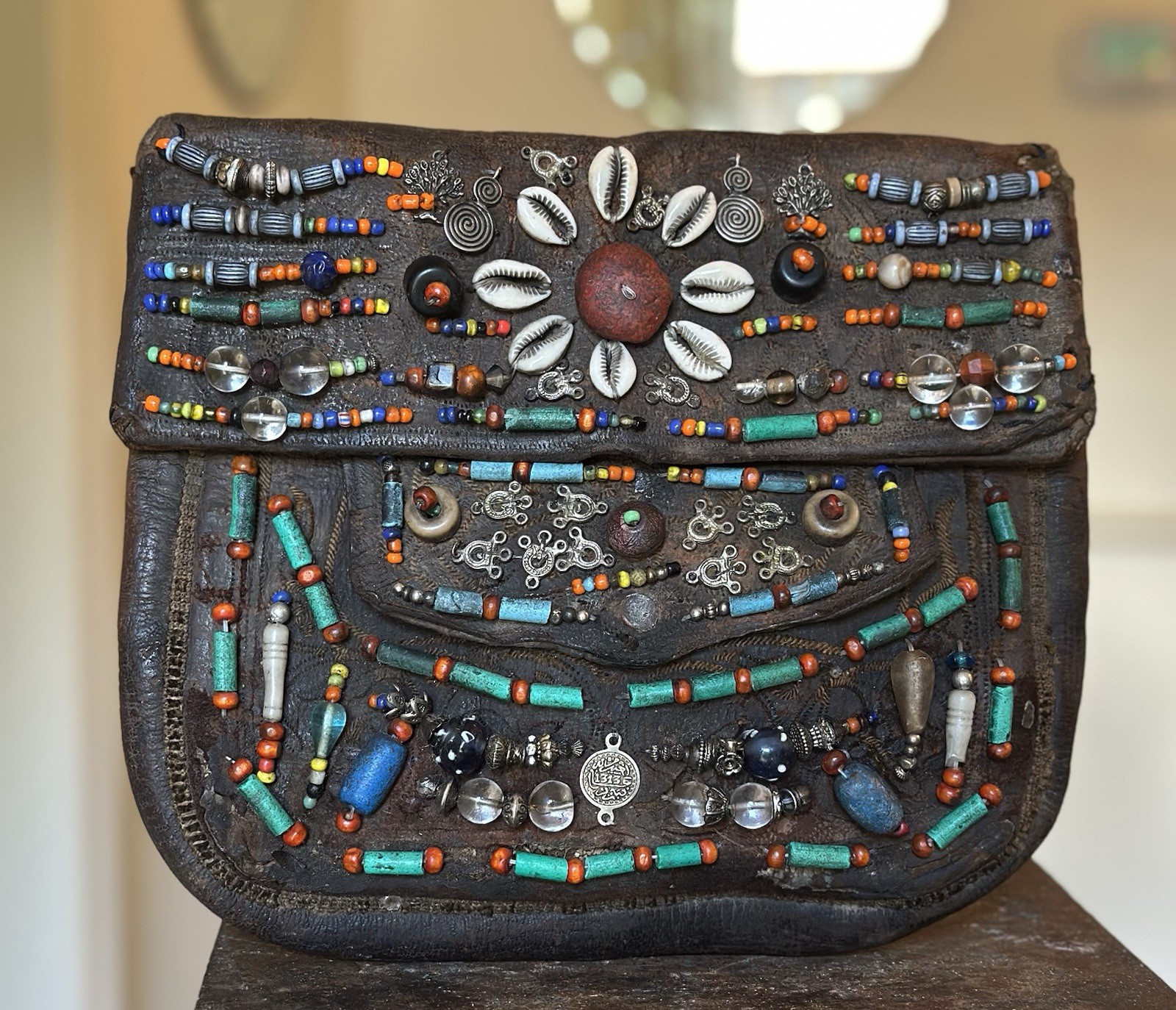 VTG Antique Moroccan Berber Leather Shoulder Bag Beaded Tribal Folk Art Purse