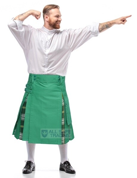 Men’s St. Patrick Tartan Hybrid Utility Cargo Pockets Kilt, Scottish Men’s Kilt,