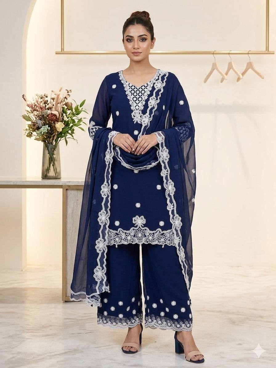 Designer Georgette Top with Palazzo and Georgette Dupatta Sequins Embroidery XL