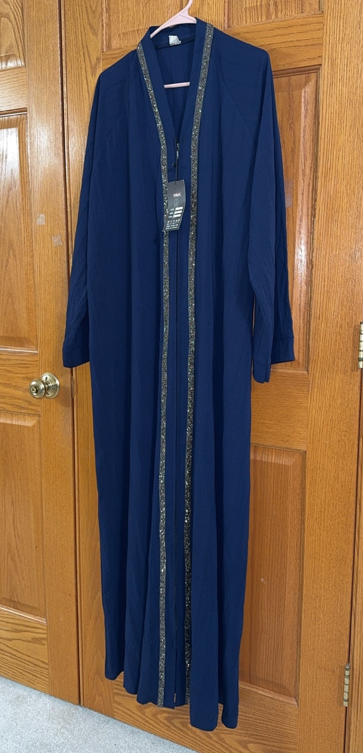 Women’s Abaya Plus Size 5 (2X/3X) Navy Blue Long Sleeve Maxi Beaded Dress NEW