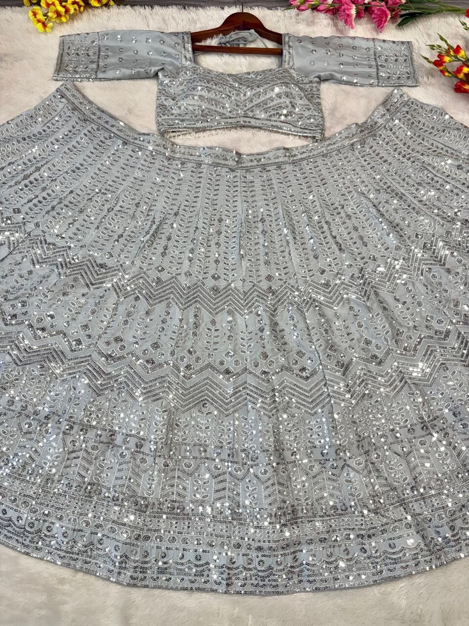 Attractive Look Rangoli Silk Grey Lehenga Choli With Dupatta For Wedding Wear