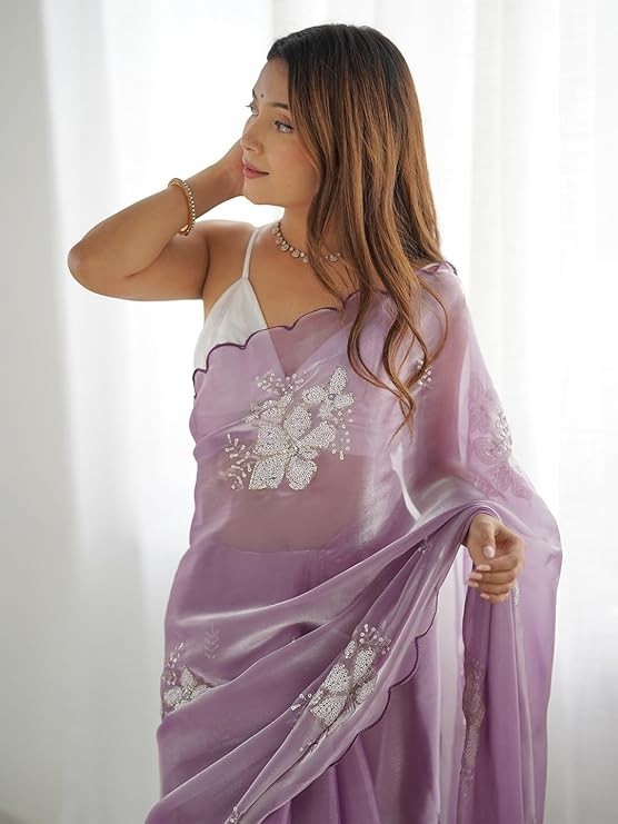 Women’s Shimmer Organza Sequence Embroidery Saree With Unstitched Blouse Piece