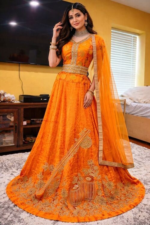 Vibrant Orange Lehenga Choli Set Silk Blend with Heavy Embroidery full stitched