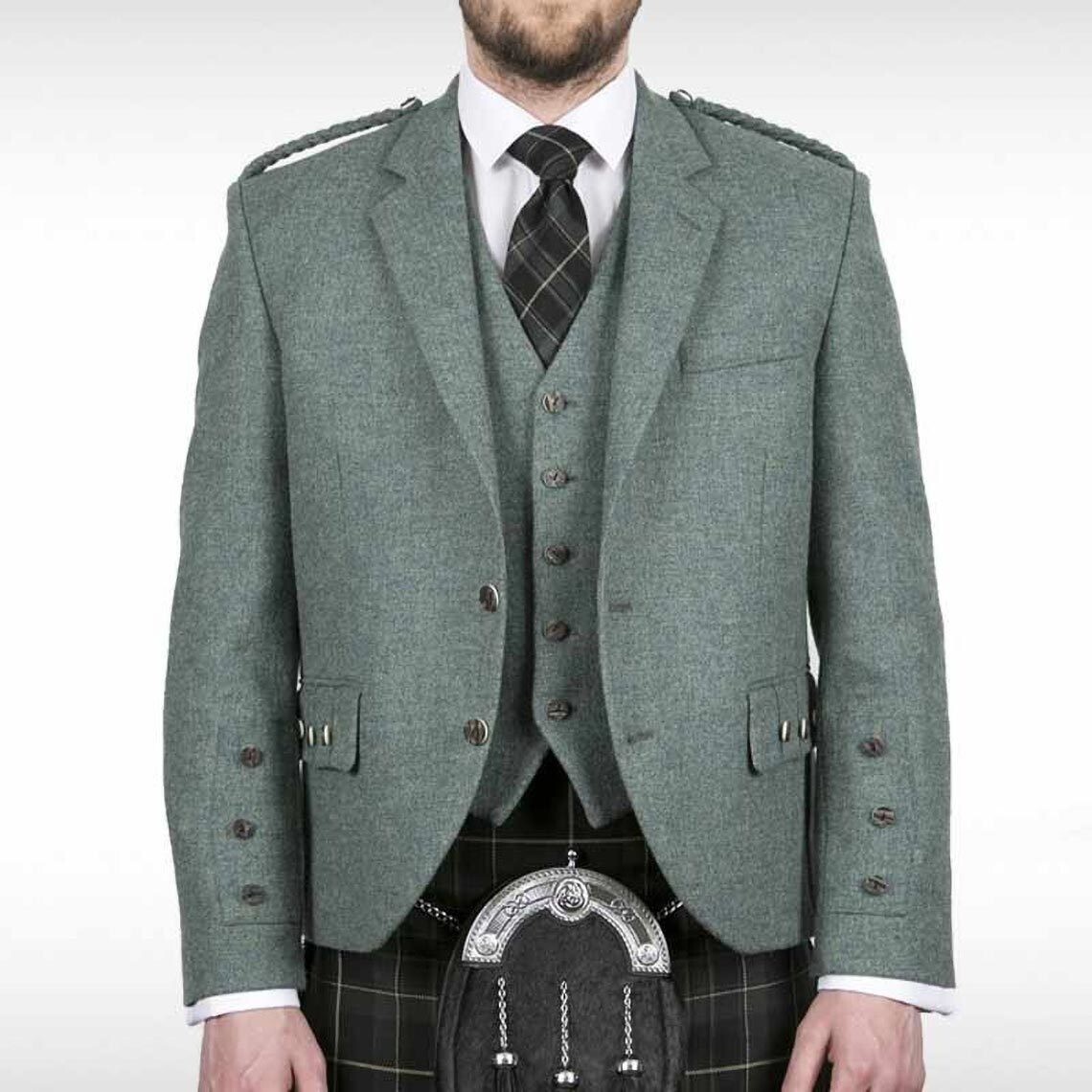Men’s Lovat Green Argyle Jacket With Waistcoat Wool Highlander Kilt Jacket