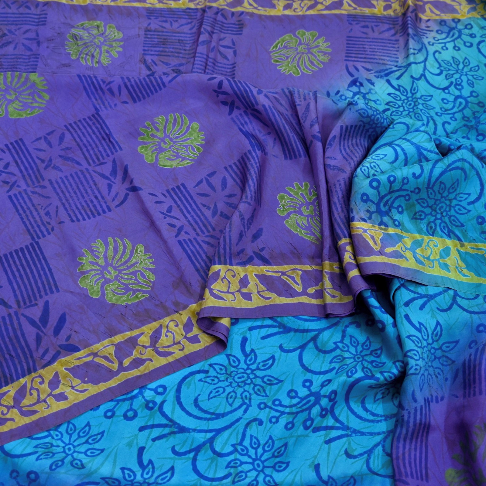 Vintage Sari Purple & Blue Pure Silk Printed Saree 6yd Sewing Craft Fabric Soft