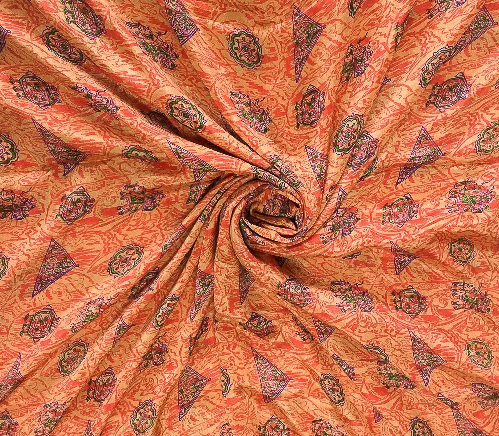 Women Silk Chiffon Peach Sari Floral Print Indian Wear Lightweight Sari PGS1879