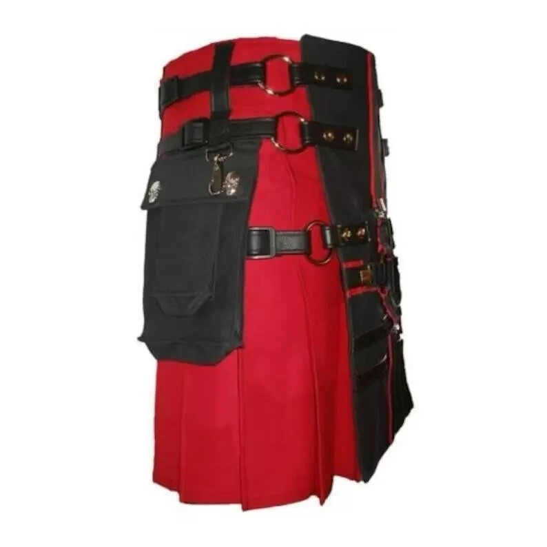 Men’s Hybrid Black & Red Fashion Gothic Kilt With Antique Chain Wedding Utility