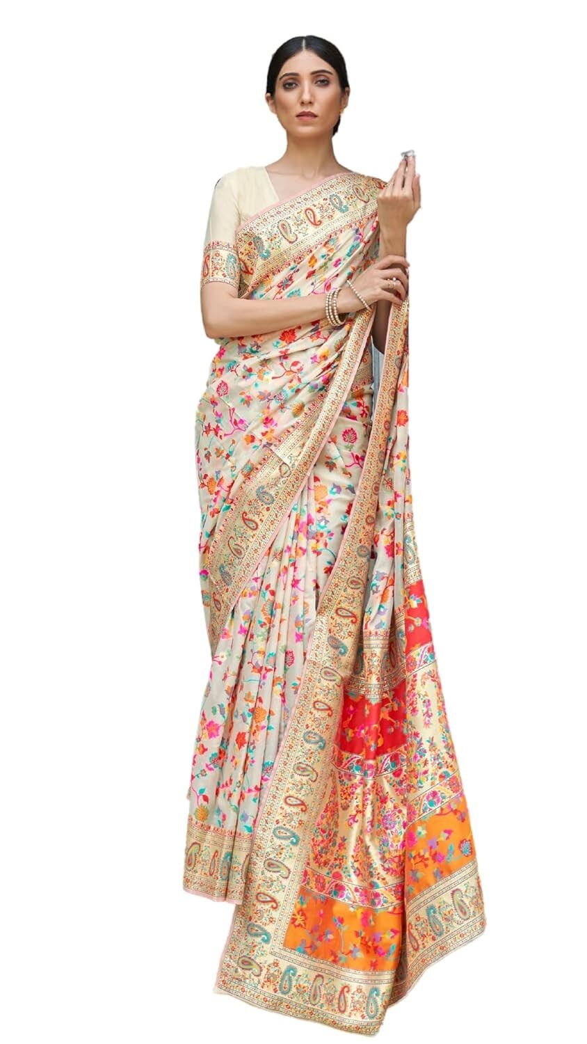 White Kashmiri Kanjivaram Pure Soft Silk Handloom Saree Pure Golden Zari