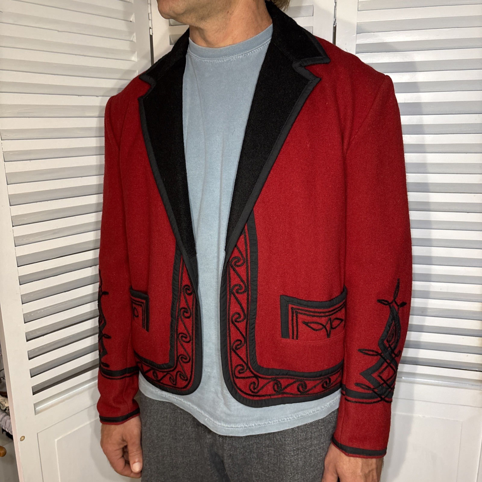 Vintage Guatemalan Red Solola Jacket Hand Woven Embroidered Wool Folk Art L