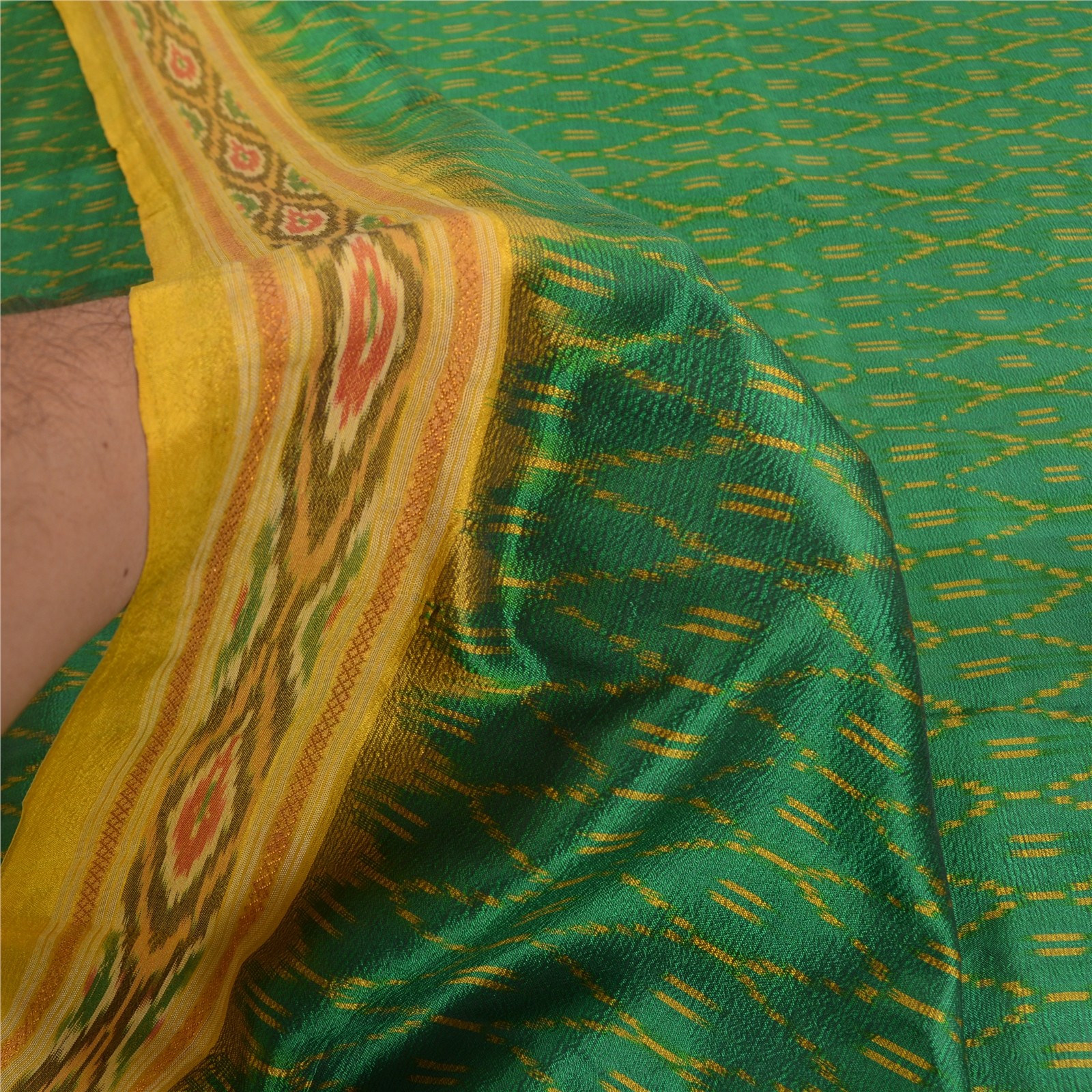 Sanskriti Vintage Saree Green Sambhalpuri Hand Woven Ikat Pure Silk Sari Fabric
