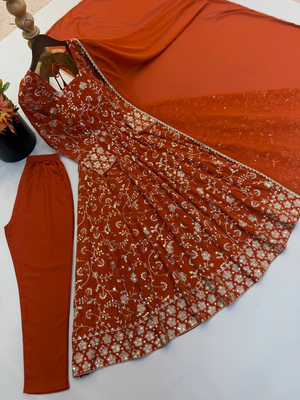 Designer Faux Georgette Orange Gown Bottom With Dupatta For Indian Party Wear